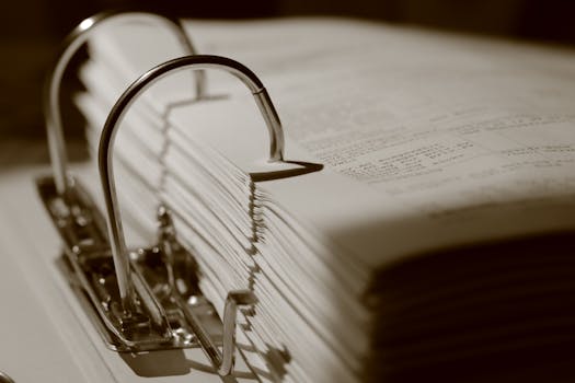 装满文件的活页夹深褐色特写 Sepia binder filled with documents.