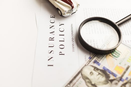 保险单、放大镜、玩具车和钱的近景 Insurance policy with magnifying glass, toy car, money.