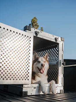 哈士奇在金属航空箱中 Siberian Husky in metal dog crate.