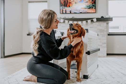 穿瑜伽裤的女子与金毛犬在时尚航空箱旁 Woman in yoga pants with golden retriever next to dog crate.