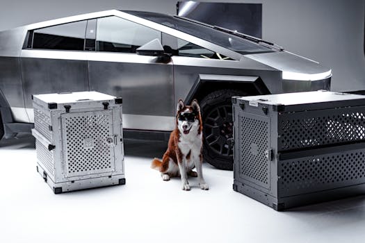 赛博卡车与时尚狗及航空箱 Cybertruck with stylish dog and crates.