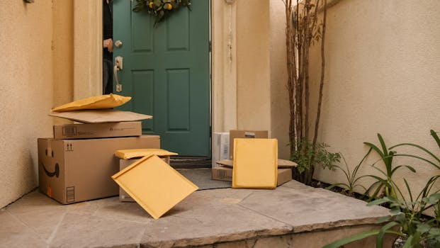 青色前门门廊上堆叠的多个快递包裹 Multiple packages on teal front door porch.