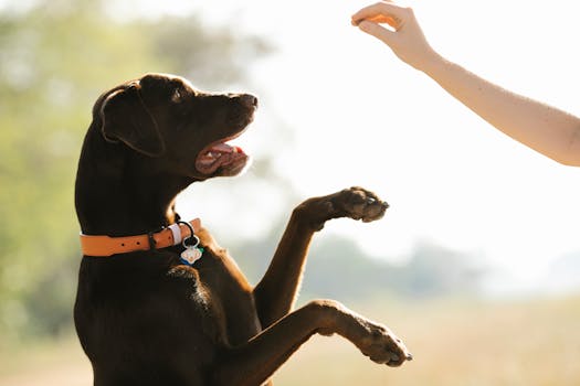 黑色拉布拉多犬与人互动 Black Labrador interacting with a person.