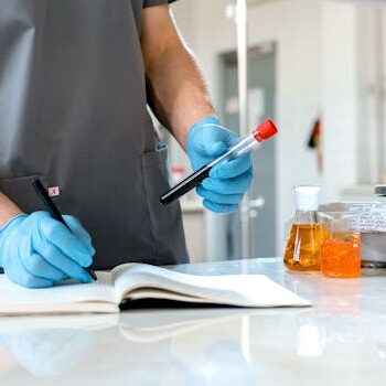 实验室记录 Lab Records 戴手套的科学家在笔记本上记录 Scientist wearing gloves recording observations.