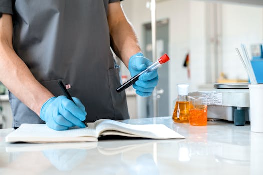 戴手套的科学家在笔记本上记录 Scientist wearing gloves recording observations.